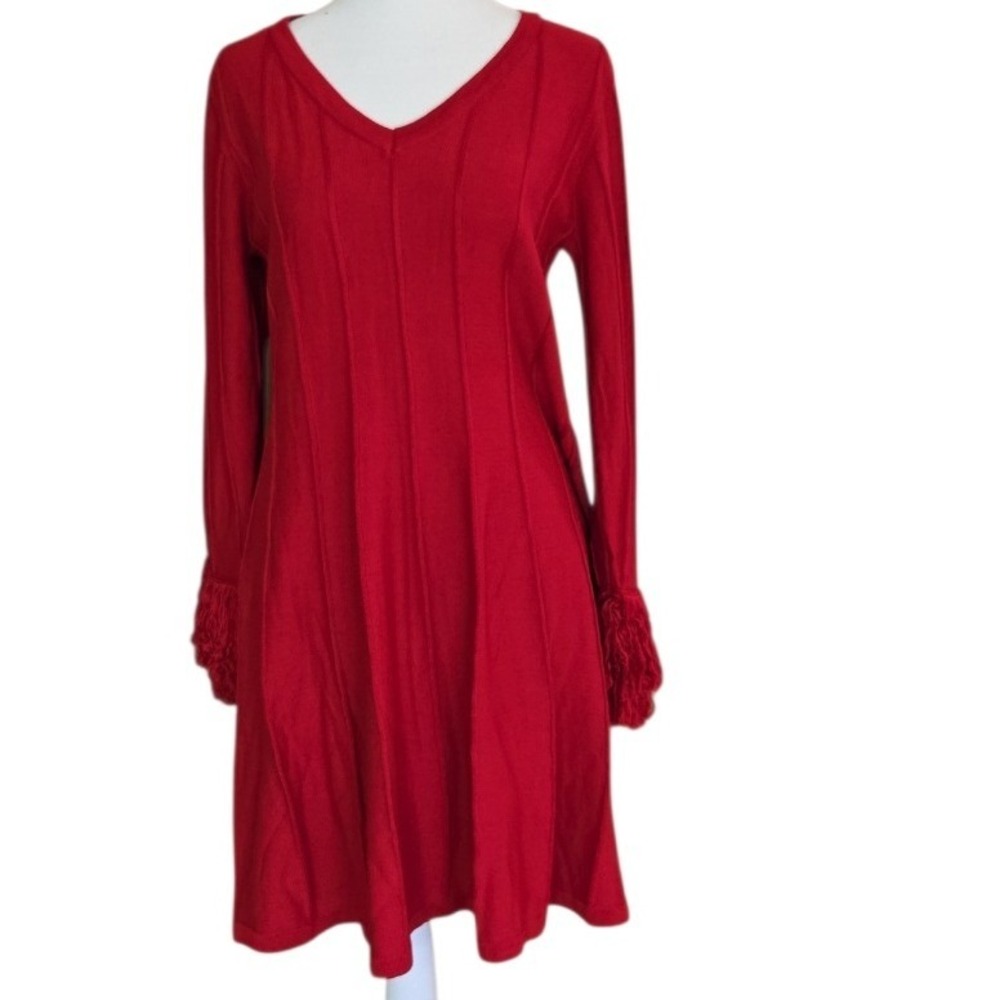 Nina Leonard Red Fringe Cuff V-Neck Ribbed‎ Knit Fit and Flare Mini Dress Large